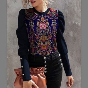 NWT Pink and Blue printed top and solid navy balloon sleeves with gold buttons